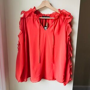 Catherine Malandrino Coral Red Ruffle Cold Shoulder‎ Blouse Small NWT